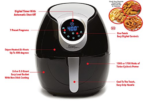 Power Air Fryer XL 3.4 QT Black - Turbo Cyclonic Airfryer With Rapid Air Technology For Less or No Oil. Include Recipes Book