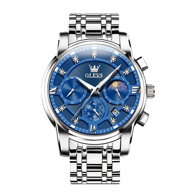 OLEVS Mens Blue Chronograph Calendar Diamond Watches Moon Phase Analog Quartz Display Luxury Stainless Steel Waterproof Luminous Watch for Men (B0D6YQVNG4) Amazon Price History, Amazon Price Tracker