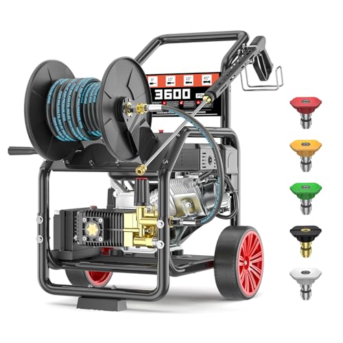 KARHDIR 3600PSI Gas Pressure Washer with Hose Reel, 3.3 GPM, One-Button Electric Start 212cc 7HP Commercial Pressure Washer with 50FT 3/8' Hose, Spray Gun & Wand, 5 Quick Connect Nozzles