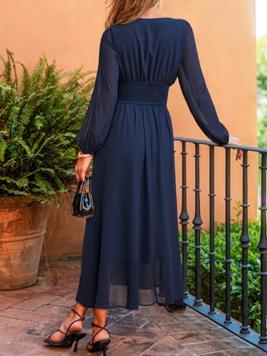 CUPSHE Women's Fall V Neck Long Sleeve Maxi Dresses Smocked Waist Elegant Cocktail Wedding Guest Dress2