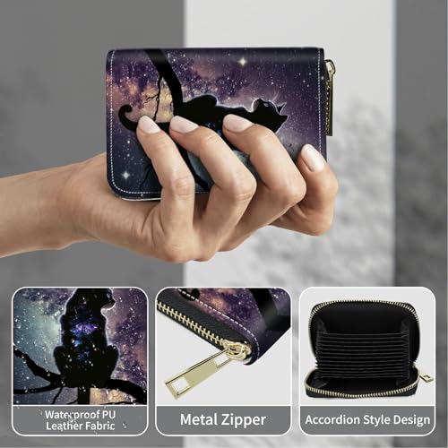 Image of Cute Credit Card Holder with Zipper, Cat Nebula RFID-Blocking Card Case Small Wallet for Women Men, Multi-slot Card Organizer Case Travel Accordion Wallet