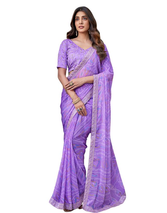 SIRIL Women's Bandhani Printed Embroidery Lace Georgette Saree with Unstitched Blouse Piece