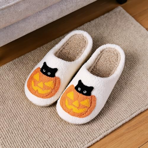 Halloween Flat Thermal Slippers Soft Plush Pumpkin Cat Design House Shoes3
