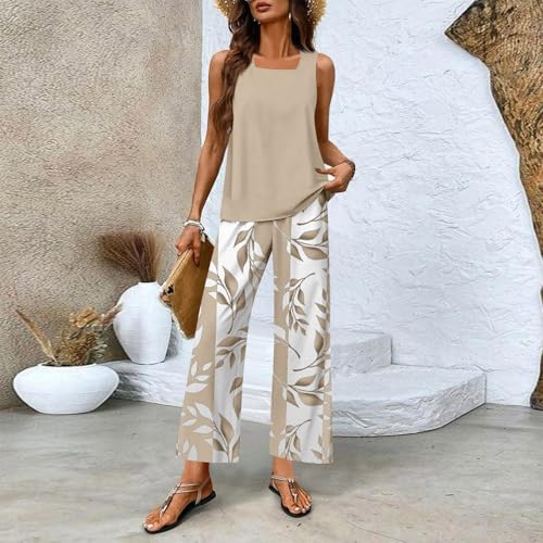 Two Piece Sets for Women Casual Travel Vacation Outfits Summer Tank and Floral Print Wide Leg Pants Lounge Set3