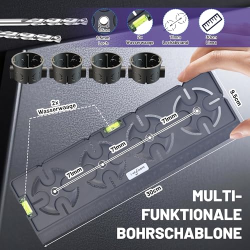 Bohrschablone für Steckdose Schalterdose Unterputzdose Hohlwanddose 71mm Abstand All in One mit Wasserwaage 30cm Lineal Für Elektroinstallation Rohbau Trockenbau Elektriker Heimwerker (Grau)