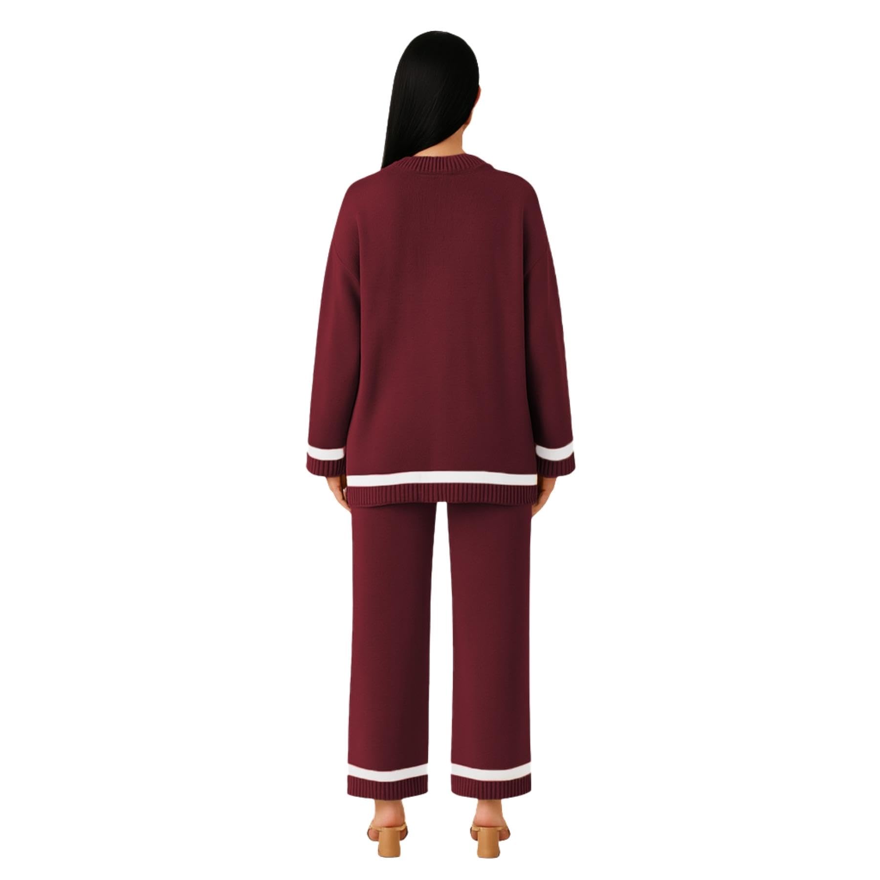 janisramone Set da donna in maglia Co Ord, maglione girocollo a maniche lunghe con pantaloni larghi in vita elasticizzata, set da 2 pezzi per il tempo libero da donna, elegante tuta da donna