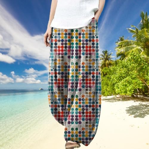 Women's Wide Leg Harem Pants Graffiti Printed Baggy Elastic Waisted Cotton Palazzo Summer Beach Trouser - Image 2