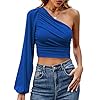 LYANER-Womens-Ruched-One-The-Shoulder-Lantern-Long-Sleeve-Crop-Blouse-Shirt-Top-Royal-Blue-Large LYANER Women's Ruched One The Shoulder Lantern Long Sleeve Crop Blouse Shirt Top Royal Blue Large