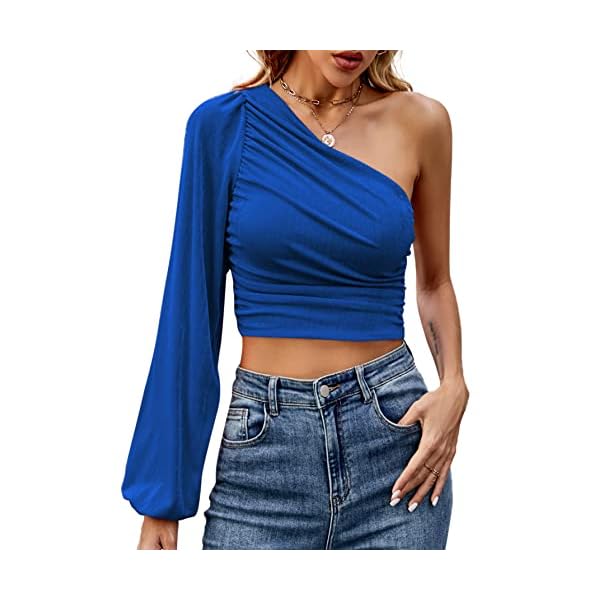 LYANER-Womens-Ruched-One-The-Shoulder-Lantern-Long-Sleeve-Crop-Blouse-Shirt-Top-Royal-Blue-Large LYANER Women's Ruched One The Shoulder Lantern Long Sleeve Crop Blouse Shirt Top Royal Blue Large