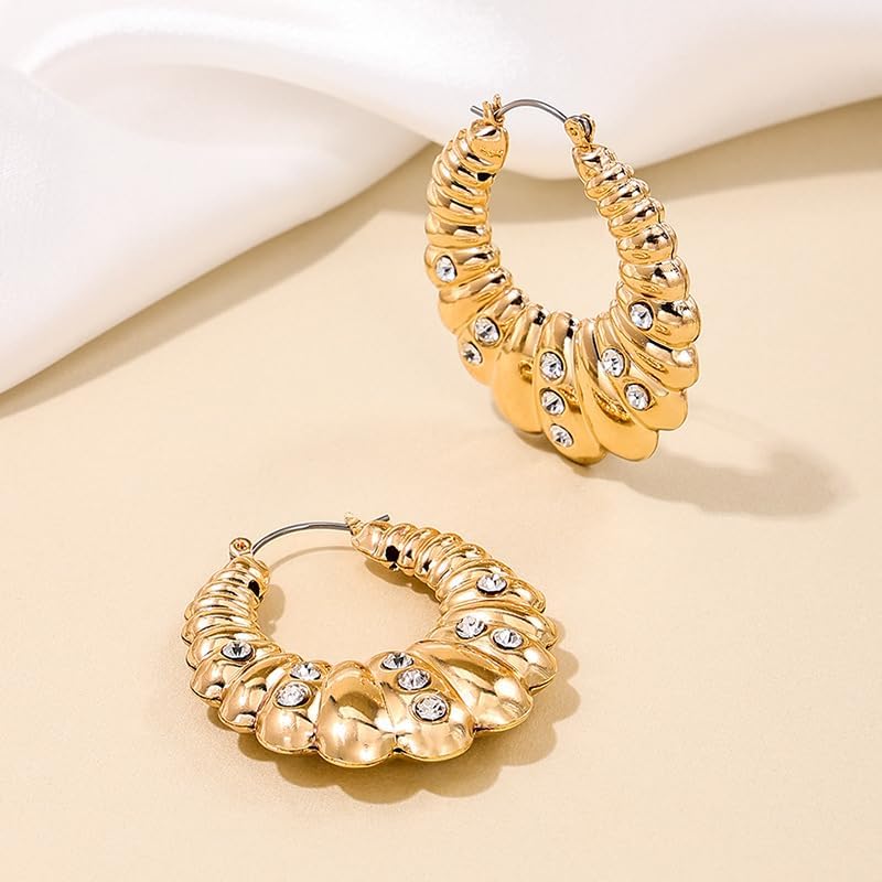 Chunky Gold Hoop Earrings, Geometric Teardrop Design with Rhinestone Accents, Lightweight Fashion Statement Jewelry for Women - Image 3