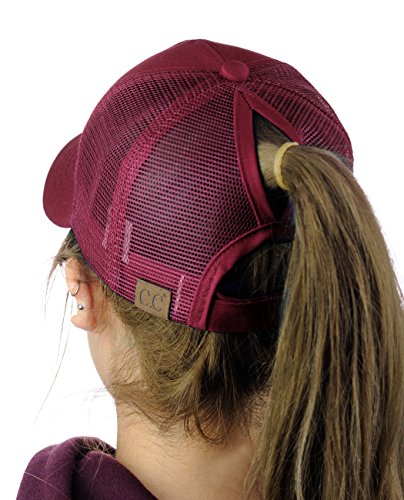C.C Ponycap Messy High Bun Ponytail Adjustable Mesh Trucker Baseball Cap Hat, Burgundy