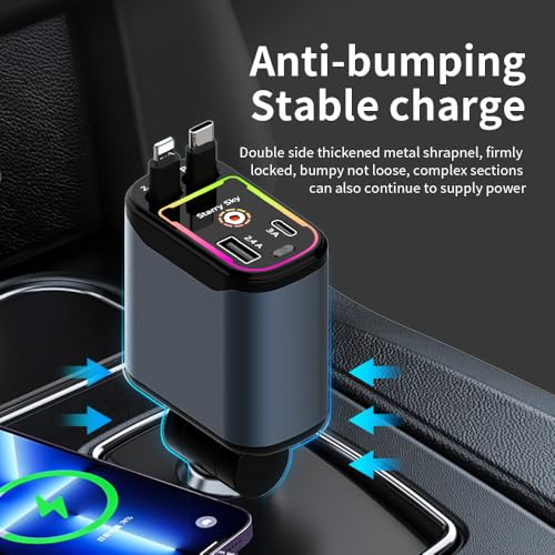 Cargador de coche retráctil soluciona cables sueltos adaptador 4 en 1 USB C para iPhone y Android 3