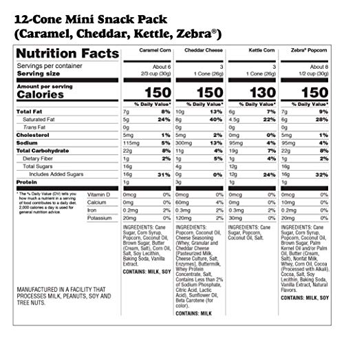 Popcornopolis Popcorn 12 Cone Snack Pack Including Zebra, Cheddar Cheese, Caramel and Kettle Corn, Metallic