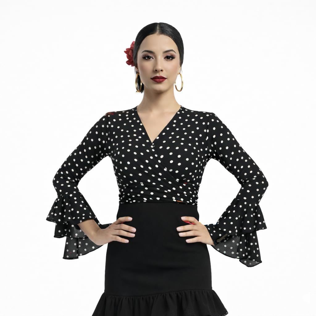 Bolero Torera Top Cruzado Flamenco Tejido elástico Manga Larga con Dos Volantes — view 10