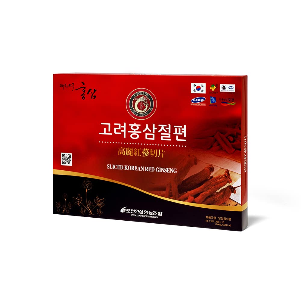 Pocheon koreański czerwony żeń-szeń w plasterkach 200 g (20 g x 10), koreański 4,5 roku panax żeń-szeń, naturalne wsparcie odpornościowe, dostępna jako herbata