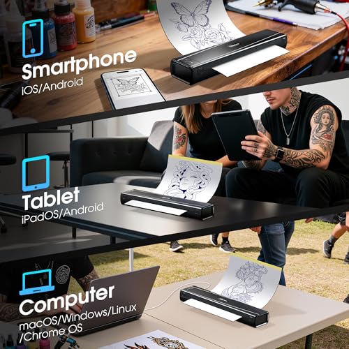 TATTMUSE Tattoo Drucker Bluetooth, Schablone Nadeldrucker mit 100 Stück Papier, A887 Tattoo Transfer mit Smartphone & PC, Stencil Drucker für Tattoo Künstler und Anfänger, Schwarz