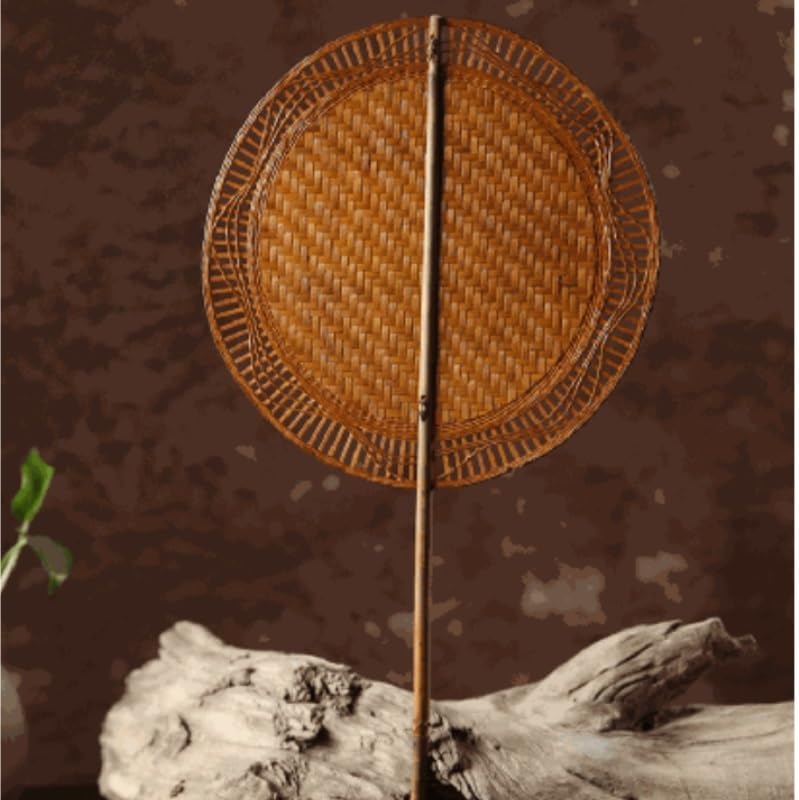 Handwoven Fan Natural Rustic Hand for Cooling Breathable Weave with Long Handle