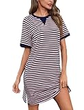 Bresdk Nachthemd Damen Sommer Baumwolle Schlafkleid Nachtwäsche Kurzarm Rundhals Streifen Schlafshirt Blau M