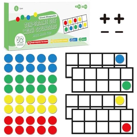 Big Magnetic Ten Frame Set, Opret 52 Pieces Math Manipulatives for Elementary, Kindergarten Classroom Must Haves Math Games with Storage Bag, Ages 5+, 4 Frames, 44 Counters, 2 Plus and 2 Minus Cover