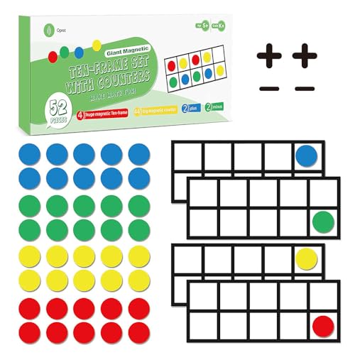 Big Magnetic Ten Frame Set Opret 52 Pieces Math Manipulatives for Elementary Kindergarten Classroom Must Haves Math Games with Storage Bag Ages 5+ 4 Frames 44 Counters 2 Plus and 2 Minus