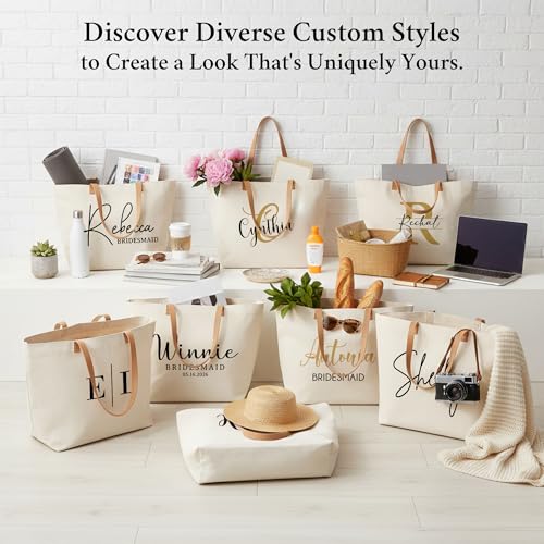 Image of ELEGANTPARK Personalized Canvas Tote Bag with Zipper, Custom Bridesmaid Gifts with Name & Role, Monogrammed Initial Bag for Women, Teacher, Nurse, Travel & Beach | Monogrammed, Customized Gift Tote