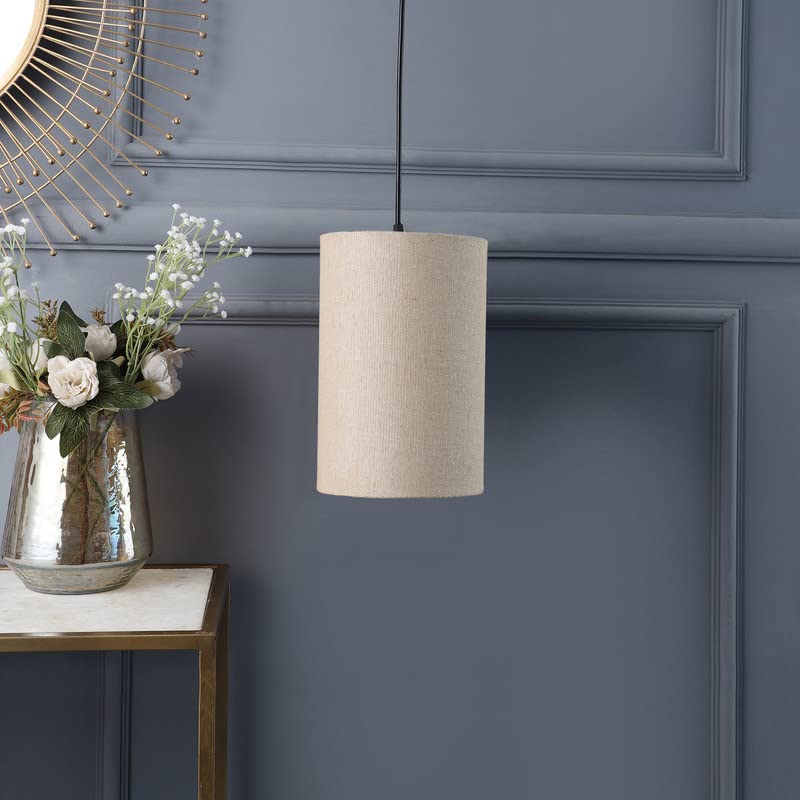Image of Premium Jute Color, Classic Pendant Cylinder Lamp Shade, Decorative Light Lamp, Hanging Spotlight with Fixture, 40Watts, Black Canopy -: Pack of 1 (6 * 10 Inches)