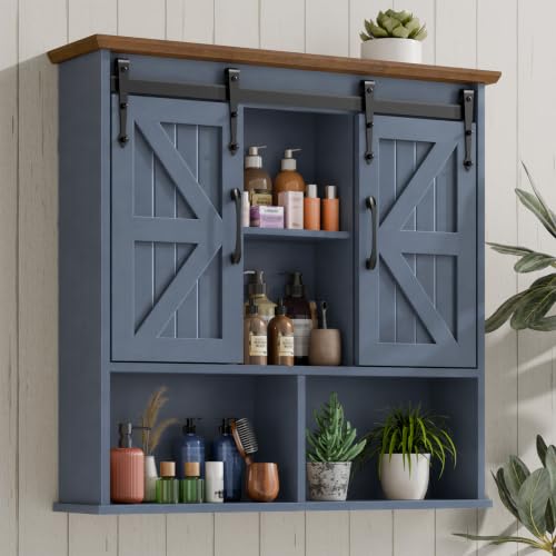 Image of Vabches Bathroom Wall Cabinet, Farmhouse Medicine Cabinet, Navy Blue