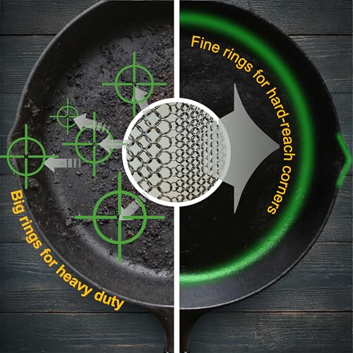 Image of Mesh Cast Iron Scrubber Fine Rings Welded Chainmail Scrubber for Cups, Skillet Cast Iron Cleaner (7.1 inch, 2 in 1)