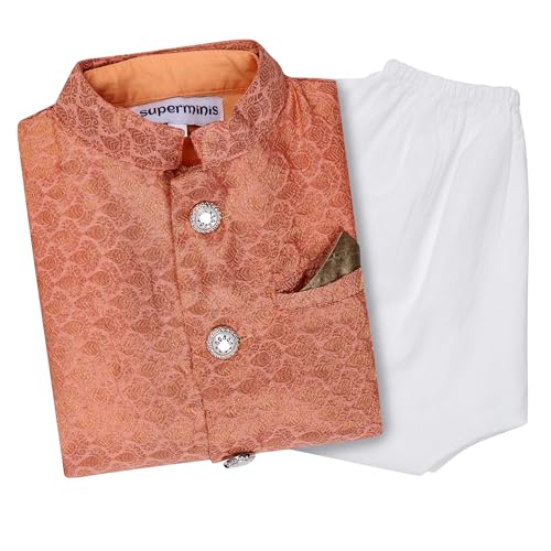 Image of Superminis Boy's Cottton Kurta Cotton Brocade Printed With Golden Thread Work Nehru Jacket and Elastic Closure Pyjama Set