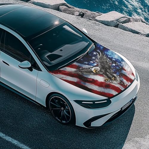 Image of Bald Eagle American Flag Car Hood Cover Protector for SUV Sedans Trucks 59x39 Inch Stretchable Car Hood Wrap Blankets Waterproof Sun Proof Auto Patriotic Decorations