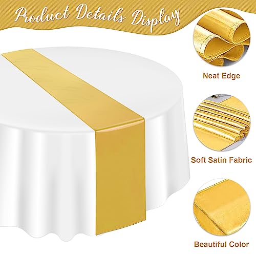 Image of 12 Pack 12x108 Inch Satin Table Runner and 84 Inch Round Plastic Tablecloths Set White and Gold Disposable Round Table Cover for Graduation Wedding Bridal Shower Anniversary Birthday Party Decorations