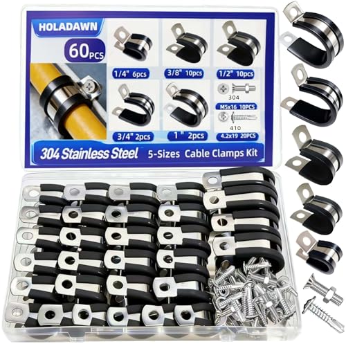 60 Pcs 304 Stainless Steel Cable & Wire Clamps with Rubber for Hose & Pipe