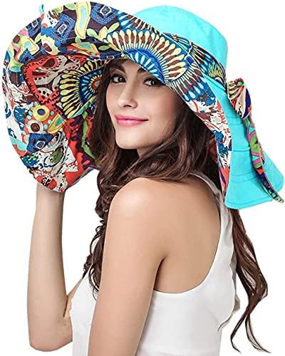 iHomey Women Sun Hat Extra Large Brim Sun Hats for Women Packable Flower Sun Hat Reversible UPF 50+ Sun Protection Travel Beach Bucket Hat Sky Blue