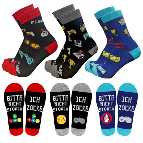 3er-Pack Lustige Gamer Socken Geschenke für Männer Jungen, Witzige Baumwoll Gaming Zocken Socken, Geburtstagsgeschenke Größe 39-47