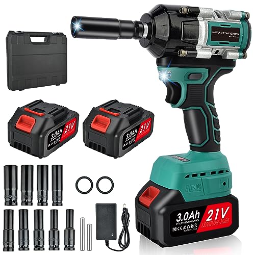 Cordless Impact Wrench 1/2: 650N.m Electric Impact Driver with 9 Sockets, 2400RPM High Torque Impact Gun with 2 x 3.0Ah Battery & Fast Charger, Impact Drill for Home Car Tires Truck Mower