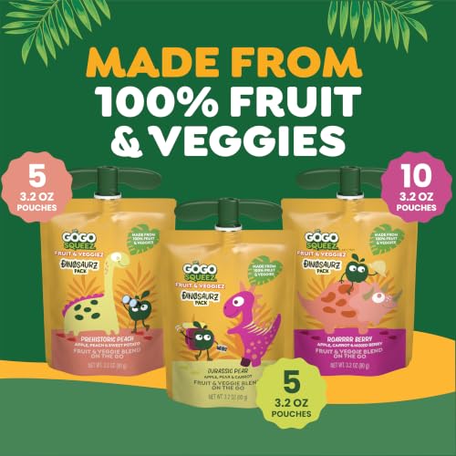 GoGo squeeZ No Sugar Added Jurassic Fruit & veggieZ Applesauce, 20 Count | Kids On The Go Fruit & Veggie Snack with Pear, Berry & Peach; 3.2 Oz Pouches, Gluten and Nut Free, Recloseable Cap, BPA-Free - image 2