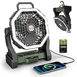 Camping Fan 10000mAh Battery Operated with Light - 4-Speed Rechargeable Tent Fan for Outdoor - Hanging Hook & Tilting Head Design - Multi-Use Desktop Cooling Fan for Camping, Hiking, Fishing (Green)