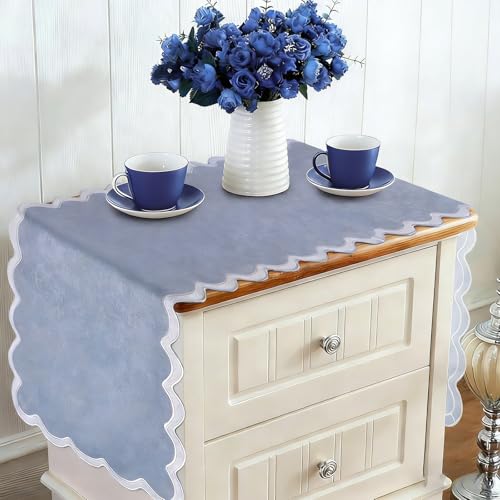 yuboo Dusty Blue Table Runner 15x36 Inches, Boho Coffee Scalloped Table Cover, Farmhouse Short Dresser Runner Scarf for Nightstand, End Table, Bedside, French Country Blue Spring Table Decor
