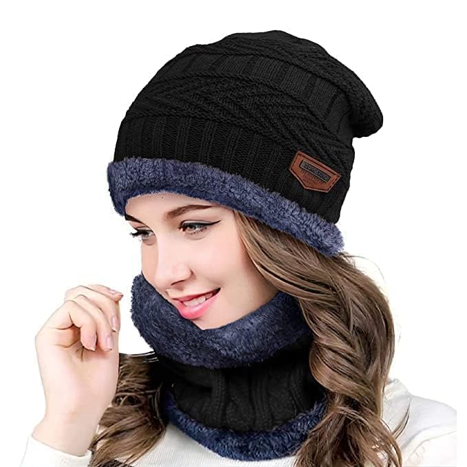 Woolen Winter Cap for Women with Neck Muffler Warn Soft for Snow | Knit Beanie Cap Hat Neck Warmer Scarf Set for Women (2 Piece Set)-image-23