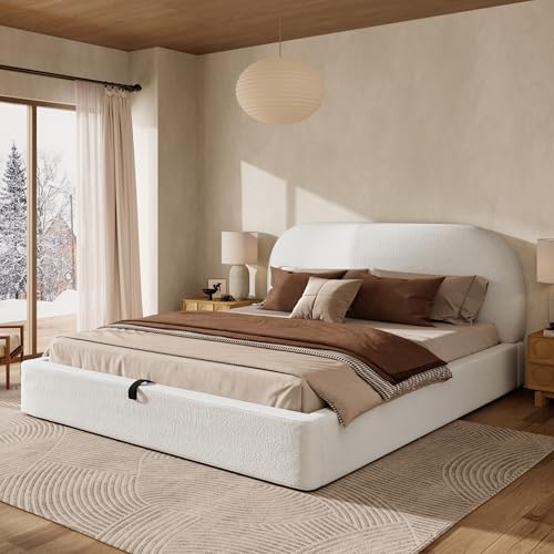 VIEKOS Cama tapizada, cama doble, 180 x 200 cm, cama funcional hidráulica, cama con somier, cabecero y gran espacio de almacenamiento, cabecero acolchado, beige