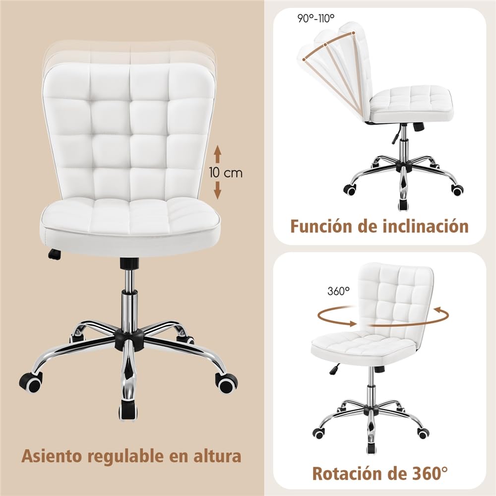 Yaheetech Silla de Oficina sin Reposabrazo Silla Oficina Tapizada de Cuero PU Silla con Ruedas Silla Ergonomica Base Metal Blanca