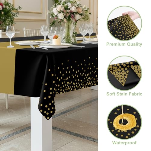 Image of Smiry Plastic Table Cloth Disposable 10 Pack, 54 x 108 Inch Rectangle Waterproof Tablecloth, Printed Gold Table Runner Style for Birthday Weeding, Party Decorations, Leakproof & Sturdy, Black and Gold