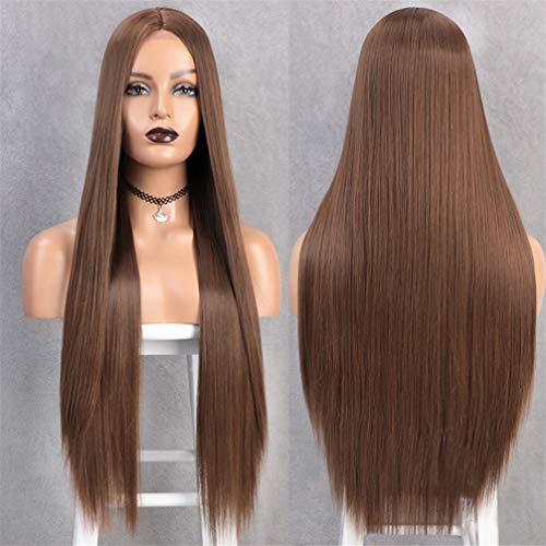 Perruque synthétique lace wig longue brune 24 pouces pour cheveux raides femmes