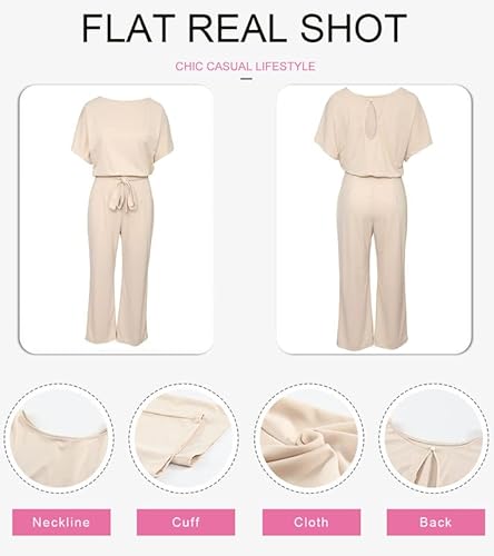 Dokotoo Wide Leg Jumpsuits For Women Casual Loose Short Sleeve Crew Neck Long Pants Belted Large Apricot #TOP3