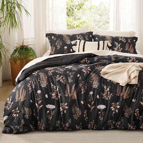 Image of Bedsure Comforter Set Queen Size - Floral Bedding Comforter Set, 3 Pieces, 1 Soft Black Comforter and 2 Pillow Shams