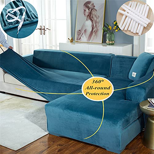 Housse de canapé d'angle bleu 2 places en velours extensible - 3