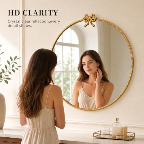 Image of 32 Inch Gold Circle Mirror, Bow Round Wall Mirror Vintage Gold Decor