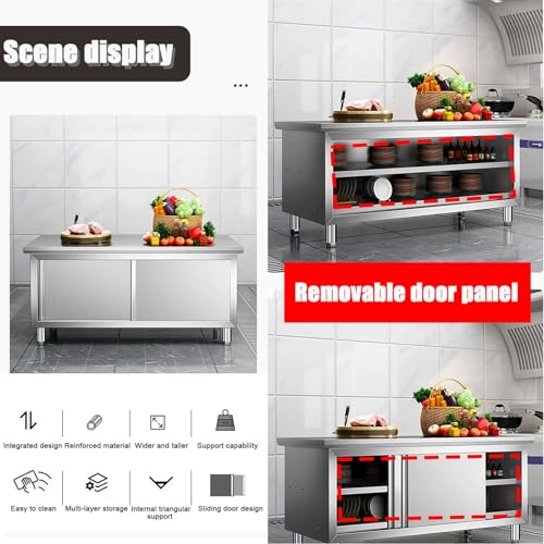 Banco da lavoro rimovibile a doppia porta scorrevole in acciaio inox, 80 cm, resistente, con ripiani portaoggetti, capacità di carico 50 kg, facile da montare, ideale per uso domestico e ristorante