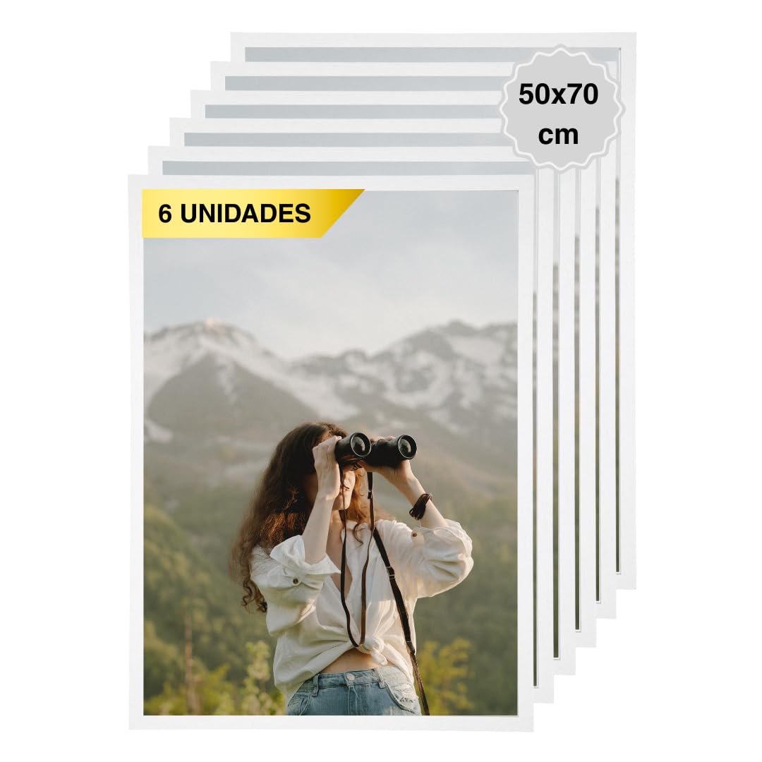 Set de 6 Marcos de Fotos 50x70 cm Color Blanco - Marcos para Cuadros de Madera MDF con Cristal - Marcos Decorativos para Pared - Portafotos Vertical y Horizontal