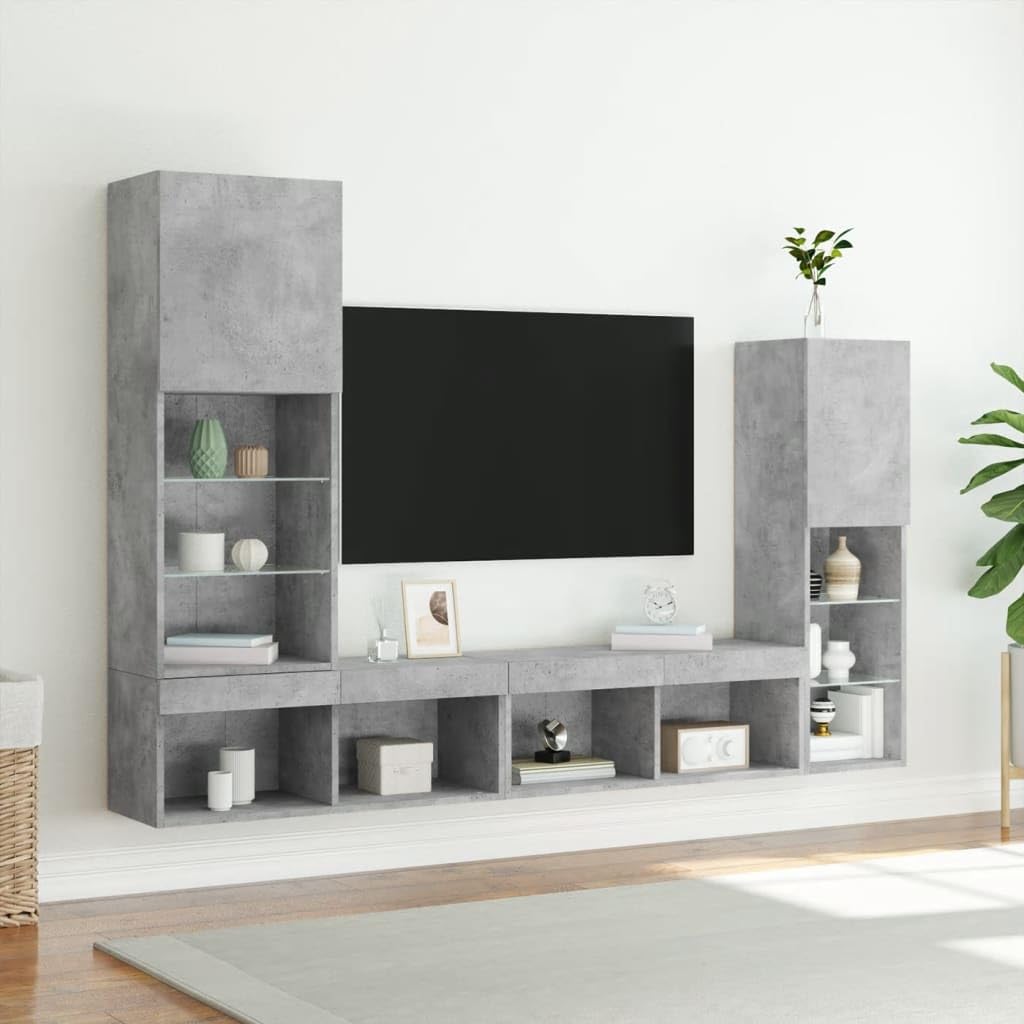 4-częściowy zestaw meblościanek, szary beton, materiał drewnopochodny, z oświetleniem LED RGB, nowoczesne meble telewizyjne do salonu, stabilne i odporne na wilgoć, wysokość 30-102 cm